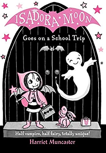 Book cover illustration featuring Isadora Moon, a ghost, and a toy rabbit in black-and-pink.