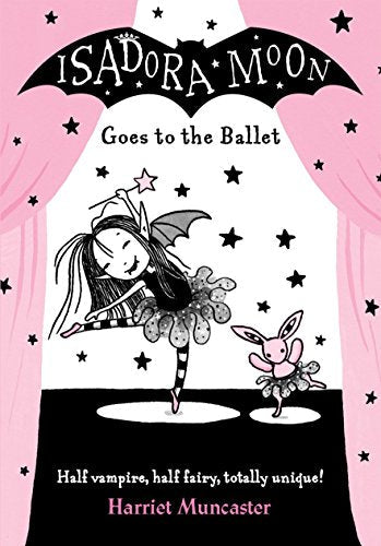 Isadora Moon and her toy rabbit dancing on a stage in a pink theater.