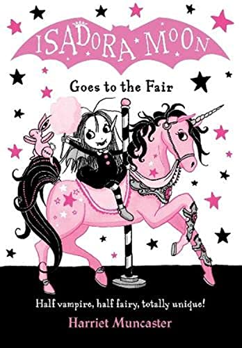 Isadora Moon riding a carousel horse with a rabbit, surrounded by pink and black stars.