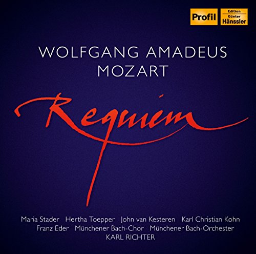 CD cover for Mozart’s Requiem, featuring red script on a dark blue background.