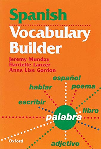 Red book cover with "Spanish Vocabulary Builder" title and Spanish words.