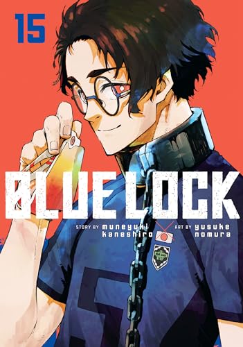 Manga cover of Blue Lock volume 15 featuring a character wearing glasses and chains.