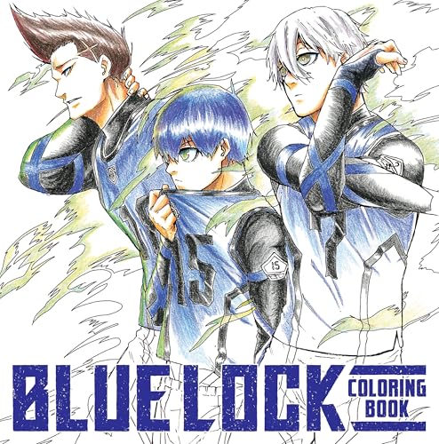 Three Blue Lock anime characters in soccer uniforms on a coloring book cover.