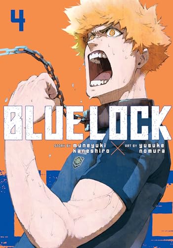 Blue Lock volume 4 manga cover featuring a shouting blonde character holding a chain.