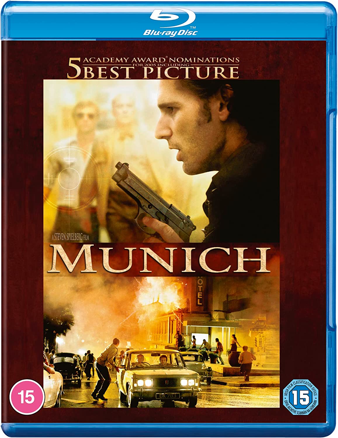 "Blu-ray case with 'Munich' movie cover, featuring a man holding a gun."