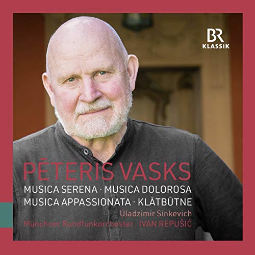 CD cover featuring a portrait of composer Pēteris Vasks with text on a red background.