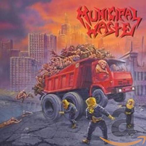 CD cover: red truck overflowing with figures amidst a ruined city.