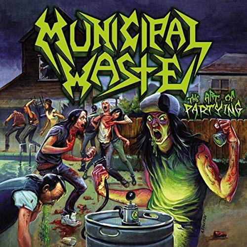 "Vinyl album cover with cartoon zombies partying and the title 'Municipal Waste'."