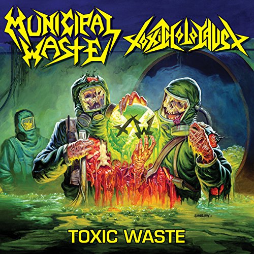 Album cover depicting figures in hazmat suits amidst toxic, glowing waste.