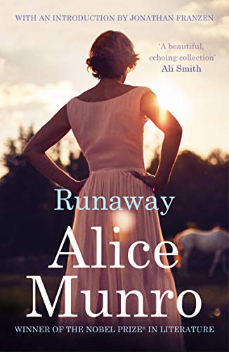 Book cover: "Runaway" by Alice Munro, woman’s back facing sunset.