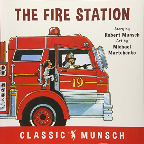 Red fire truck with a firefighter and a child climbing aboard.