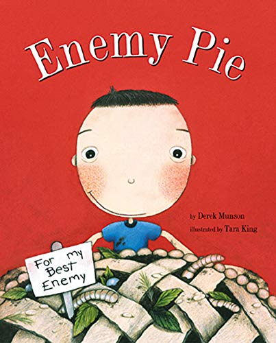 The book cover for Enemy Pie shows a boy looking at a pie with worms.