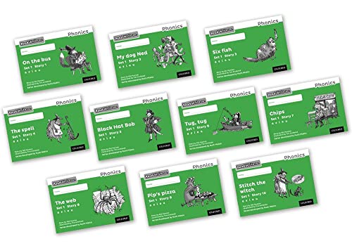Ten green Read Write Inc. Phonics storybooks with black and white illustrations.