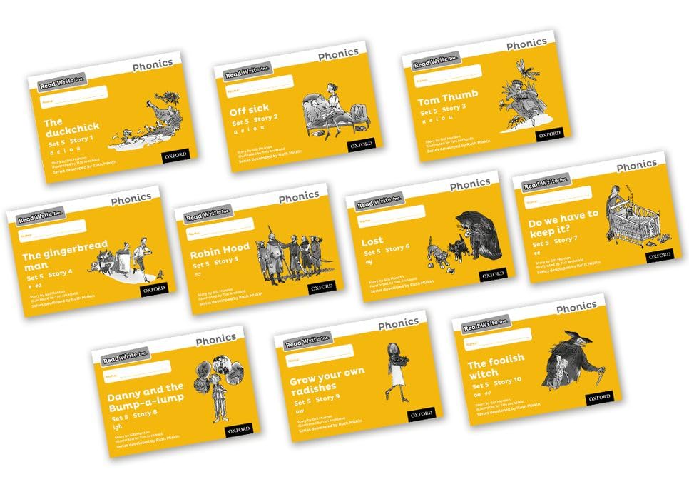 Ten yellow Read Write Inc. Phonics storybooks arranged in a grid on white background.
