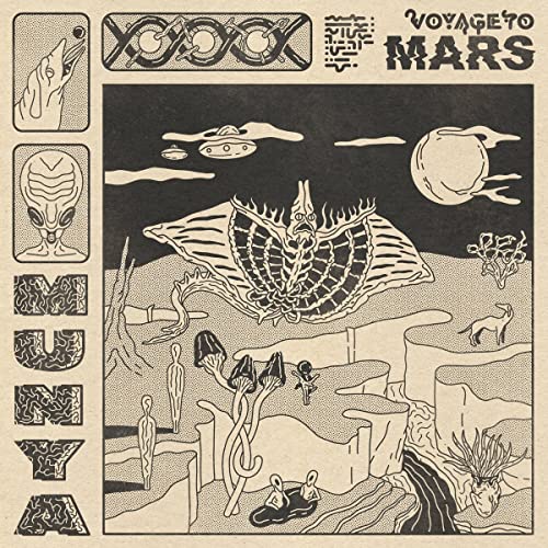 Vinyl album cover: abstract illustration of Mars, aliens, and landscapes.