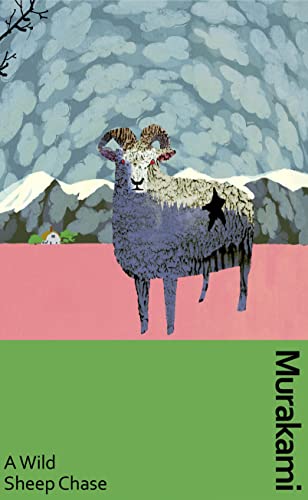 Book cover with a sheep and mountains on a pink and green background.
