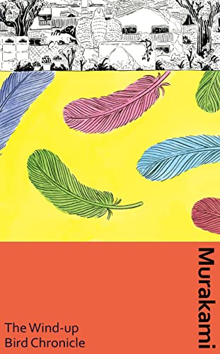 Book cover with yellow background, falling feathers, and red title bar.