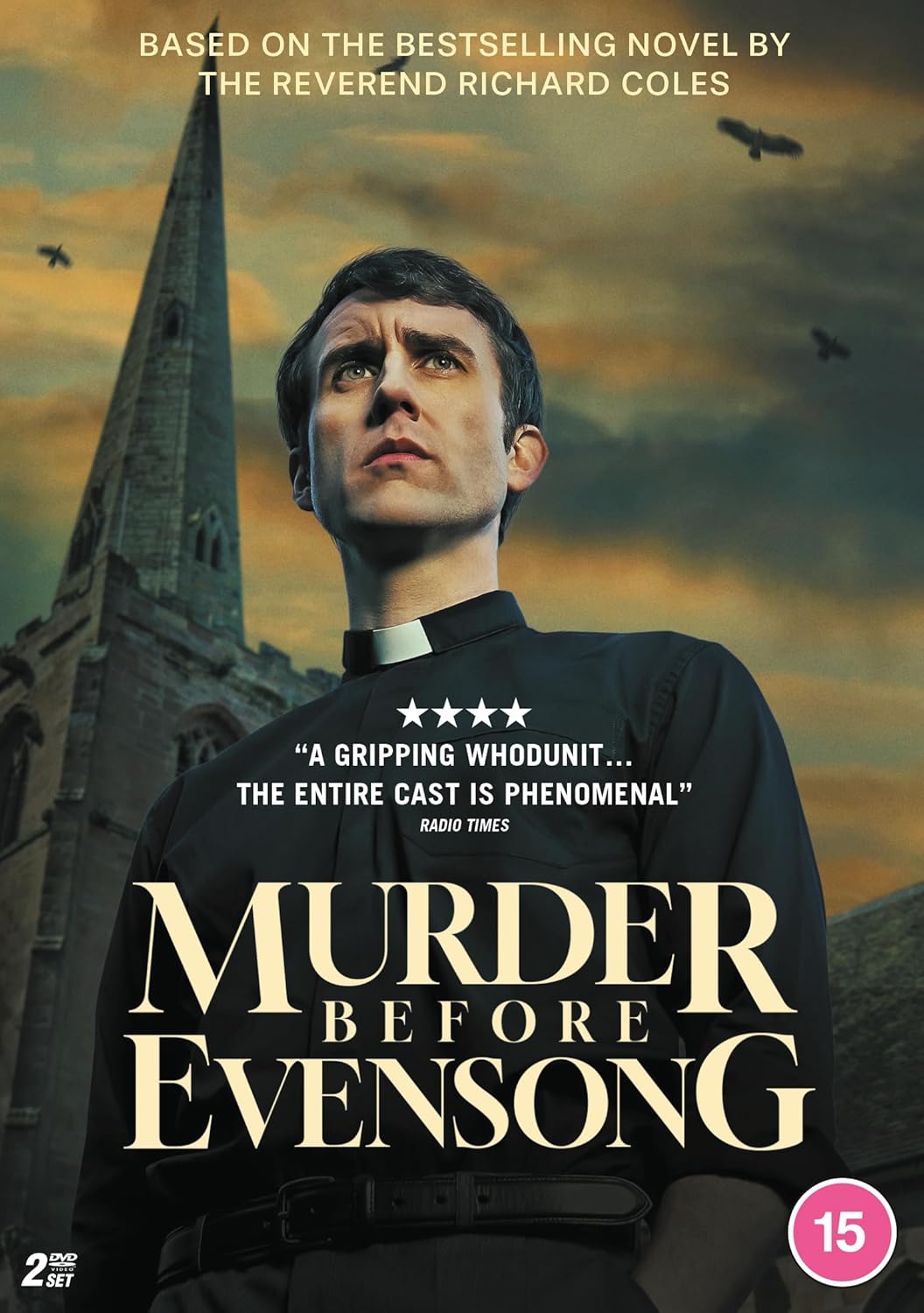 DVD cover for "Murder Before Evensong" featuring a man in clerical garb.
