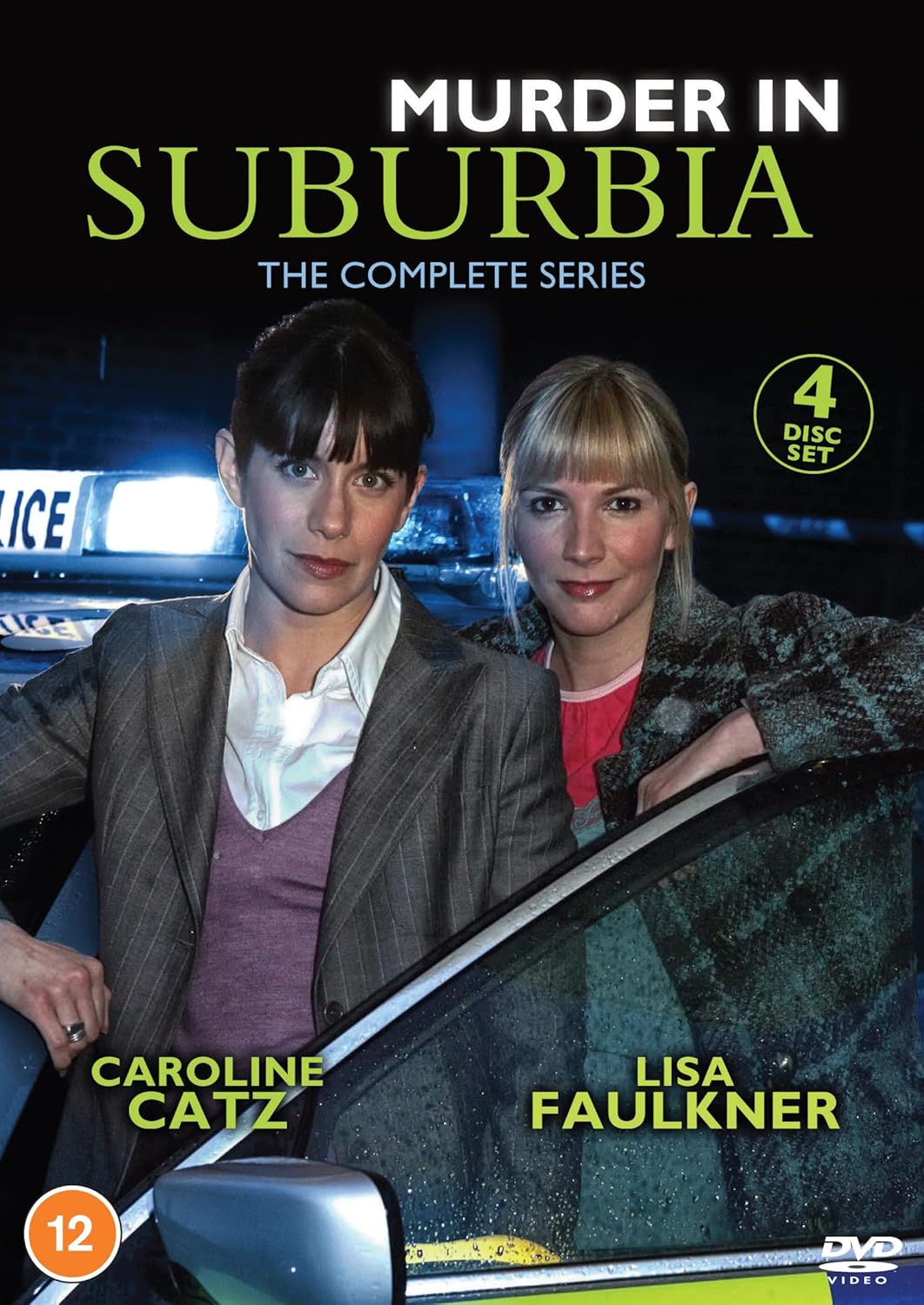 DVD cover for "Murder in Suburbia" featuring two women and police lights.