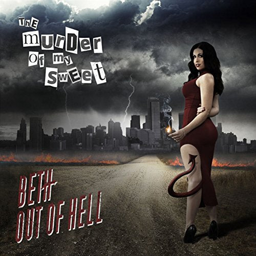 CD cover: woman with tail, city skyline, stormy sky, and fiery road.