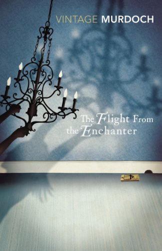 Book cover: "The Flight From the Enchanter" with a chandelier shadow.