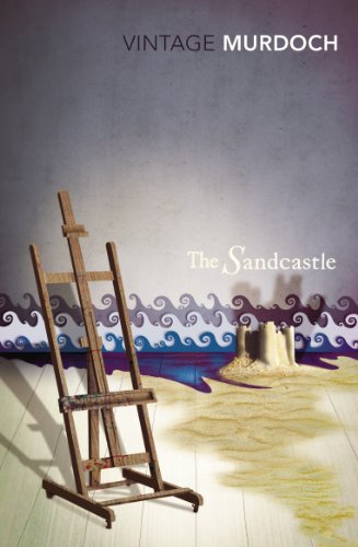 An empty wooden easel stands before a painted scene of a sandcastle and waves.
