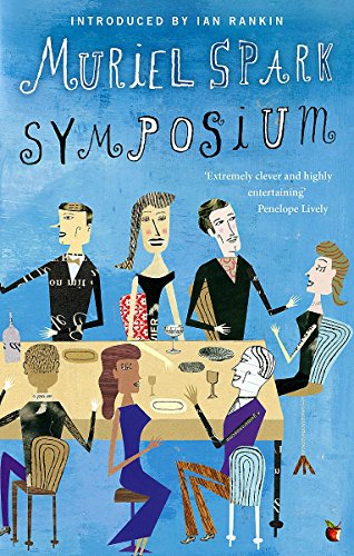 Book cover for Symposium by Muriel Spark featuring stylized illustrations of people at dinner.
