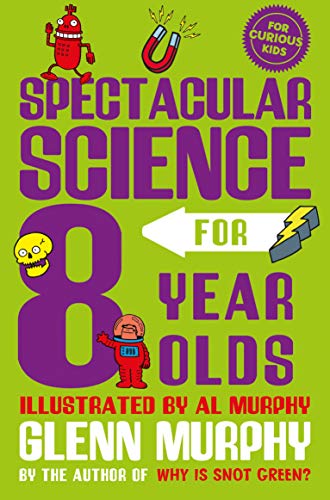 Colorful book cover for 8-year-olds with cartoon science illustrations.