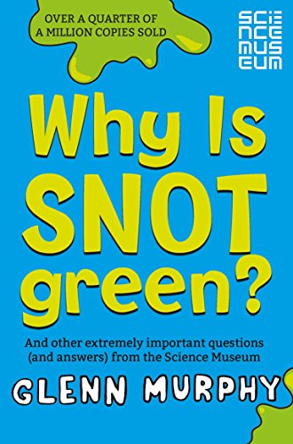 "Book cover with green snot splatter, robot, and volcano illustrations on a blue background."