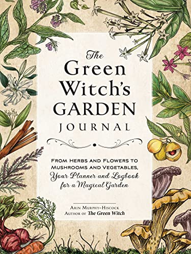 Botanical illustrations surround a green journal titled "The Green Witch's Garden Journal.