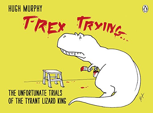 Cartoon T-Rex struggles to pour juice, spilling it on a yellow background.