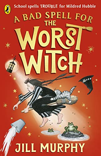 Book cover with a witch and cat on a broomstick against a red background.