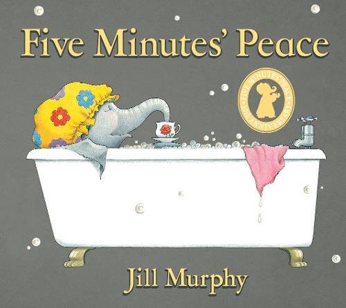 "Book cover featuring an elephant in a bathtub with a cup of tea."