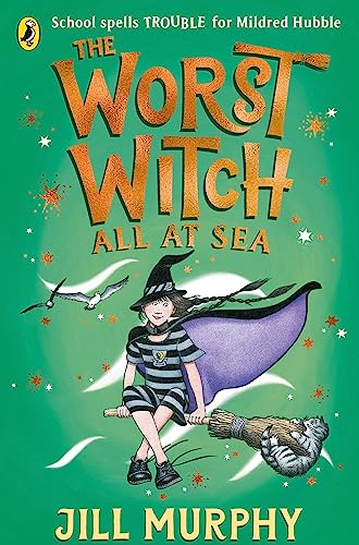 Book cover: young witch on a broomstick over waves, with seagulls.