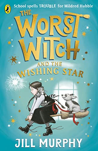 Book cover: young witch on a broom with a cat, stars sparkle.