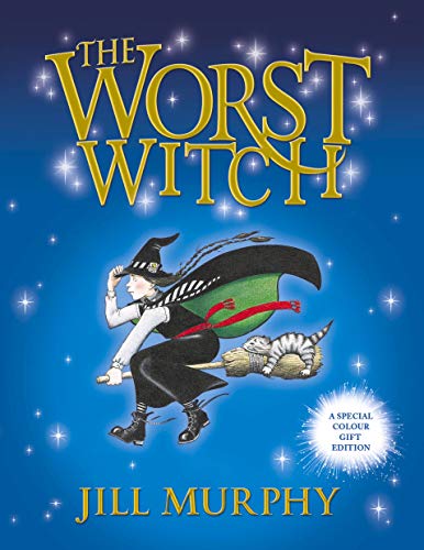 Book cover: a young witch flying on a broom with a cat.