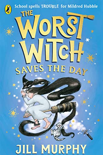 Book cover: “The Worst Witch Saves the Day” with a girl on a broom.