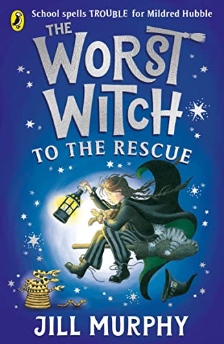 Book cover: young witch on a broomstick, holding a lantern.