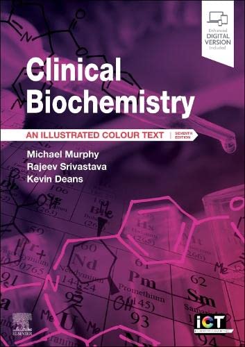 Textbook cover for Clinical Biochemistry with purple background, chemical structures, and periodic table elements.