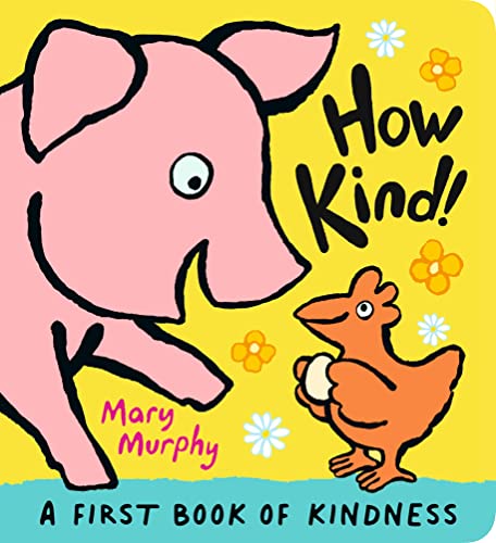 A pink pig looks at an orange chicken holding an egg on a yellow background.