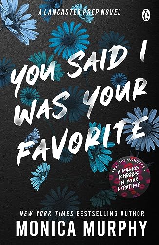 Book cover with blue flowers on a black background and white text.