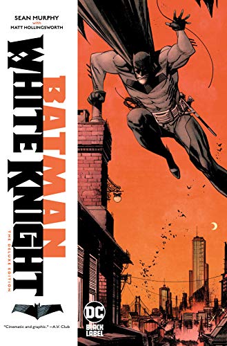 Batman in flight over a city skyline, book cover art.