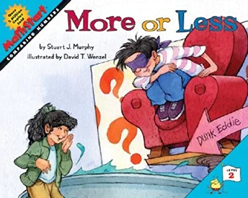 Book cover: “More or Less” shows a child and a dog with question marks.