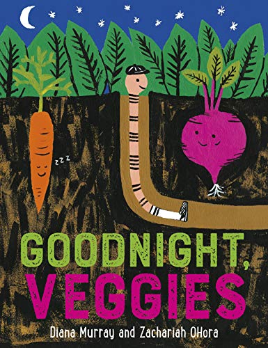 A worm in a cap walks past a sleeping carrot and beet underground at night.