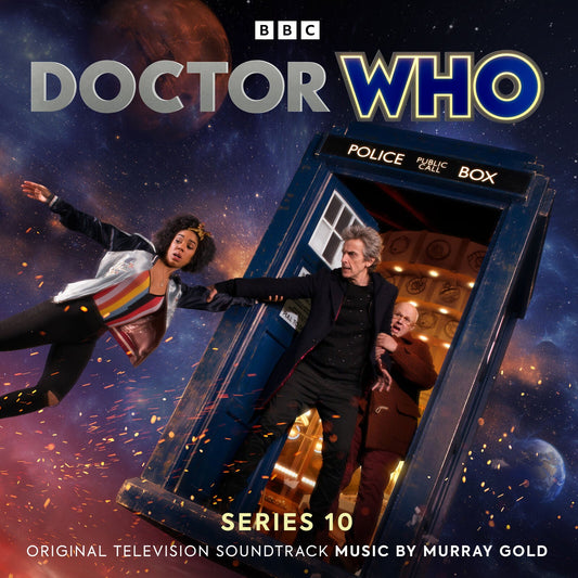 Doctor Who Series 10 soundtrack cover featuring the Doctor, Bill, and Nardole by the TARDIS.