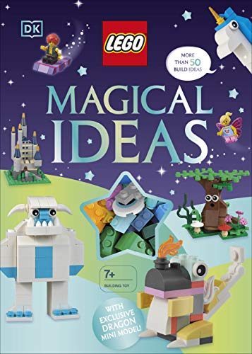 LEGO book cover with colorful builds, including a neon dragon model.