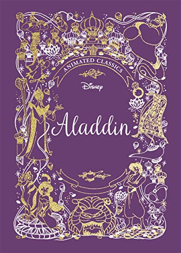 Purple book cover for Disney’s Aladdin with gold illustrated details.