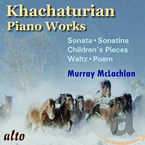 CD cover for Khachaturian piano works featuring horses in snow.