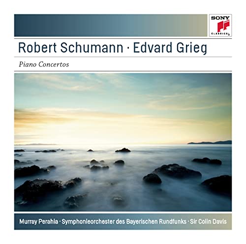 CD cover for Schumann and Grieg piano concertos with seascape background.