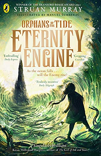 Book cover: “Eternity Engine” with a tower, waves, and a girl running.